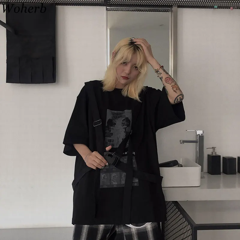 Woherb/уличная одежда Harajuku с круглым вырезом и длинным рукавом Женские футболки с принтом бандажные свободные BF Стильные топы Женская корейская мода 91481