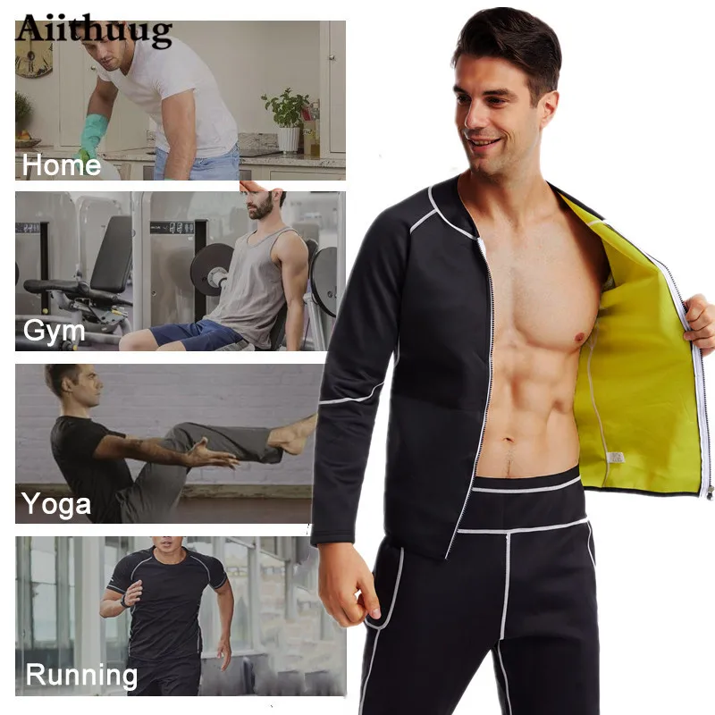 Aiithuug Slim Sets Sauna Suit for Men Sweat Jacket Long Sleeve Workout Sauna Shirts Zipper Neoprene Gym Slimming Top Body Shaper body shaper sweat sauna suit