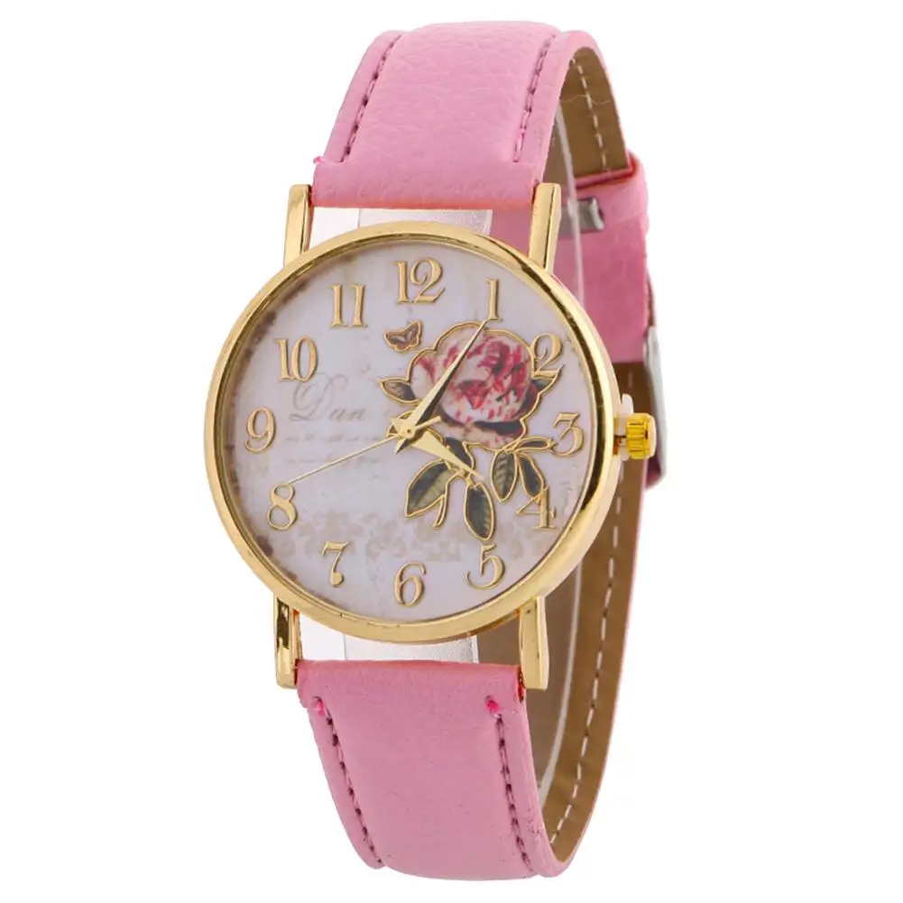 Women Rose Flower Round Dia Quartz Watch Faux Leather Band Arabic Number Wristwatch Christmas Gift
