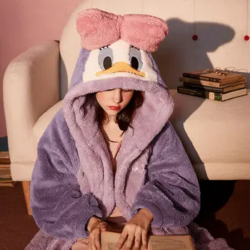 

Women FLANNEL Robe Gown Cute Cartoon Bow Hooded Sleepwear Pink Coral Fleece Female Sleepwear Winter New Thick Warm Home Wear