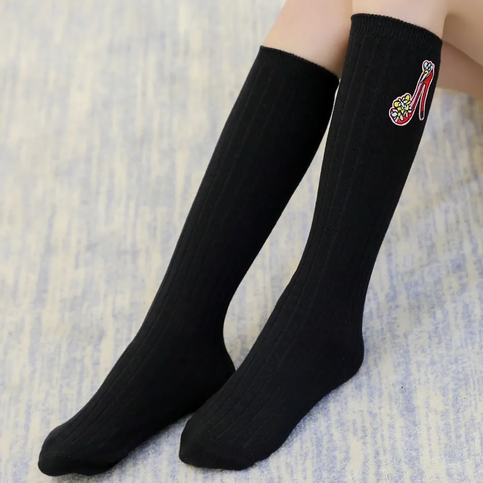 New Style Embroidered High Heel Shoes Combed Cotton Double Needles Vertical Stripe Children High Stockings Girls Bunching Socks