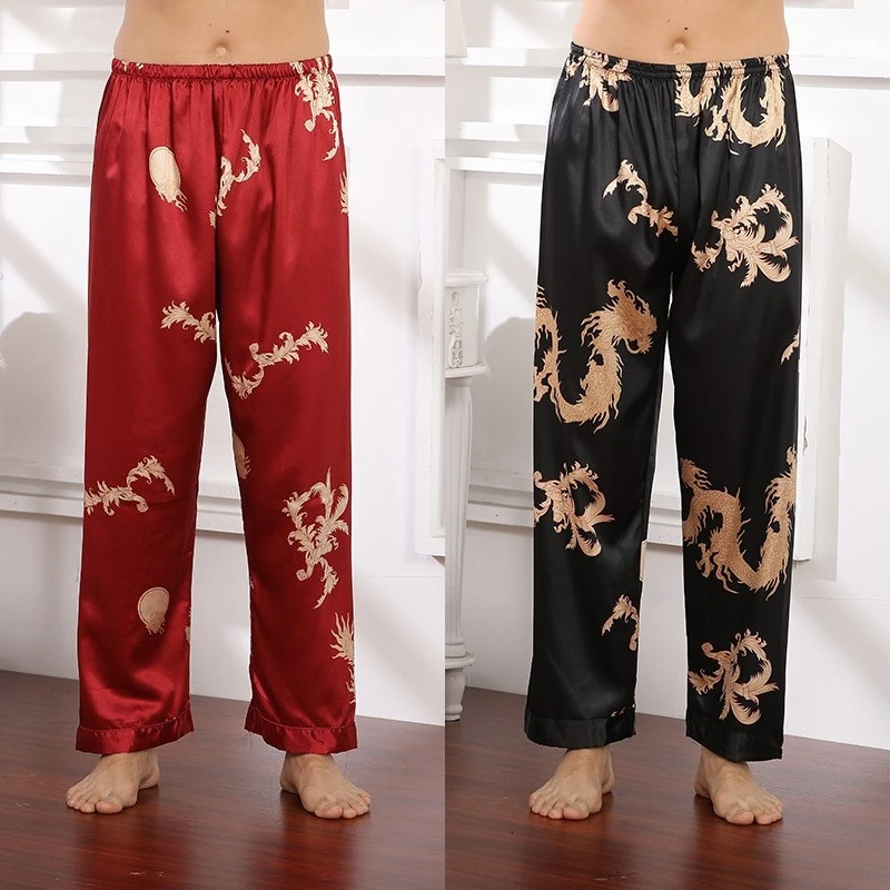 Ice Silk Printed Dragon Pajamas Men'S Summer Thin Silk Trousers Men'S Novelty Loose Casual Imitation Silk Home Pants Sleepwear red and black pajama pants