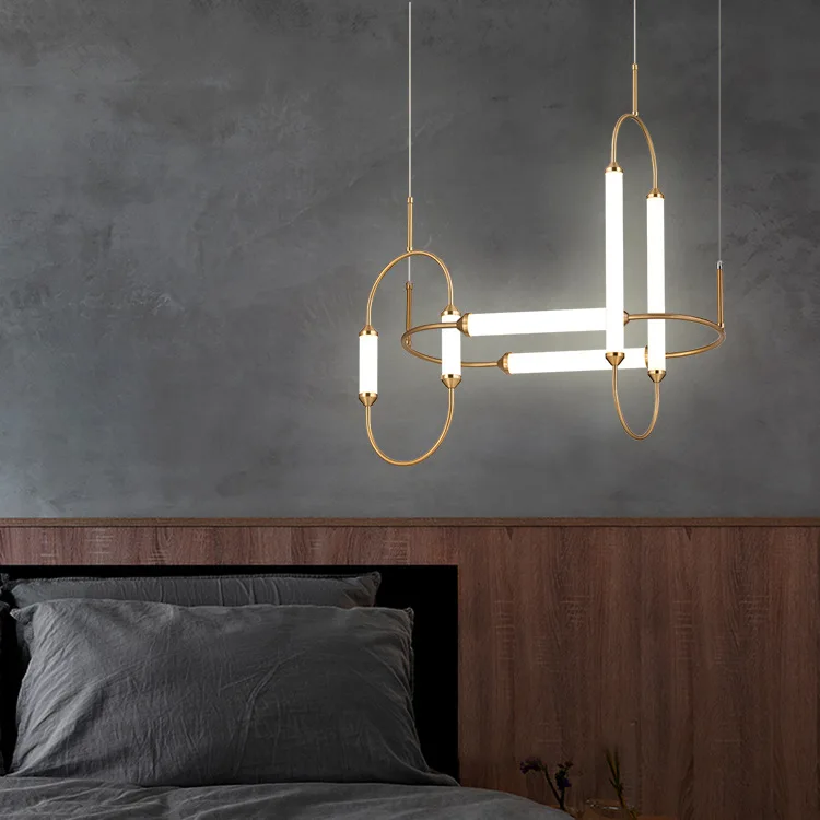 Postmodern Restaurant Bronze Led Dining Chandelier, Cylindrical Light Luxury Metal Creative Combination Lighting