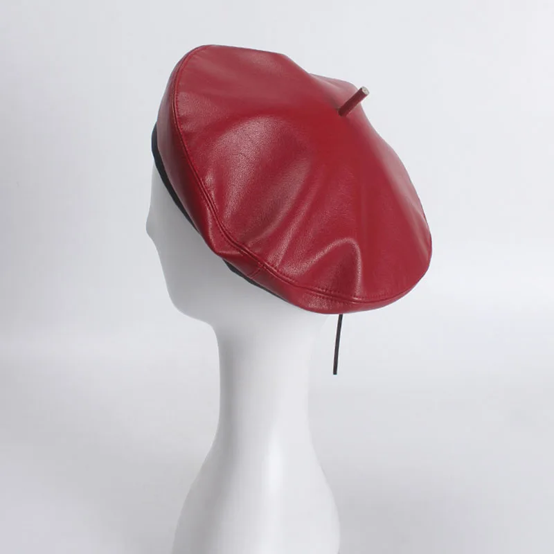 Фибоначчи ПУ Берет Шляпа Сплошной черный плоский красный искусственная кожа Модные Женские французские береты