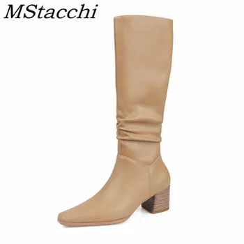 

Mstacchi Look Thin Legs Square Heel Genuine Leather Pointed Women Boots Pleated Solid Color Classics Female Shoes Botas Mujer