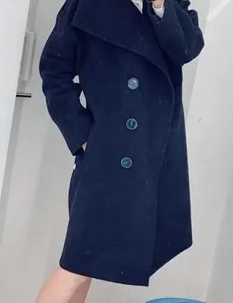 Dark blue Женская шерстяная куртка, одноцветная, с карманами, длинное пальто, Осень-зима, теплая верхняя одежда - Цвет: Dark blue