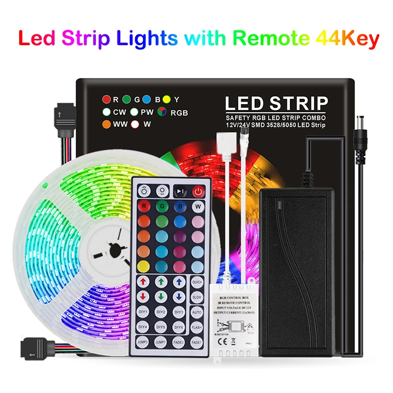 

DC12V RGB LED Light Strip Set Flexible Tape Ribbon with Remote 44Key IR Remote Controller for Indoor Kitchen Bedroom Party 5050