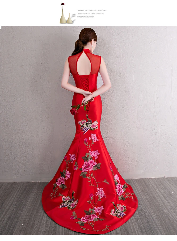 Красное вечернее платье русалки в китайском стиле с вышивкой Cheongsam Модное Длинное традиционное платье Ципао Vestido Восточное вечернее платье по индивидуальному заказу