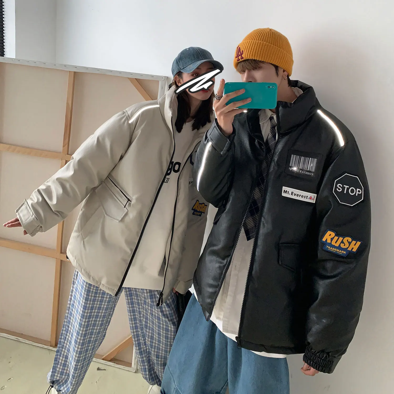 Winter new short warm lovers loose down jacket men's PU leather leisure thickened tide brand student standing collar jacket