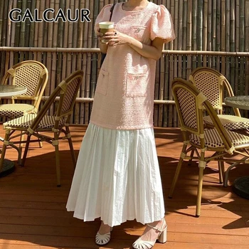 

GALCAUR Korean Patchwork Mesh Hit Color Women's Dress O Neck Puff Short Sleeve Pleated Oversize Maxi Dresses Female 2020 New