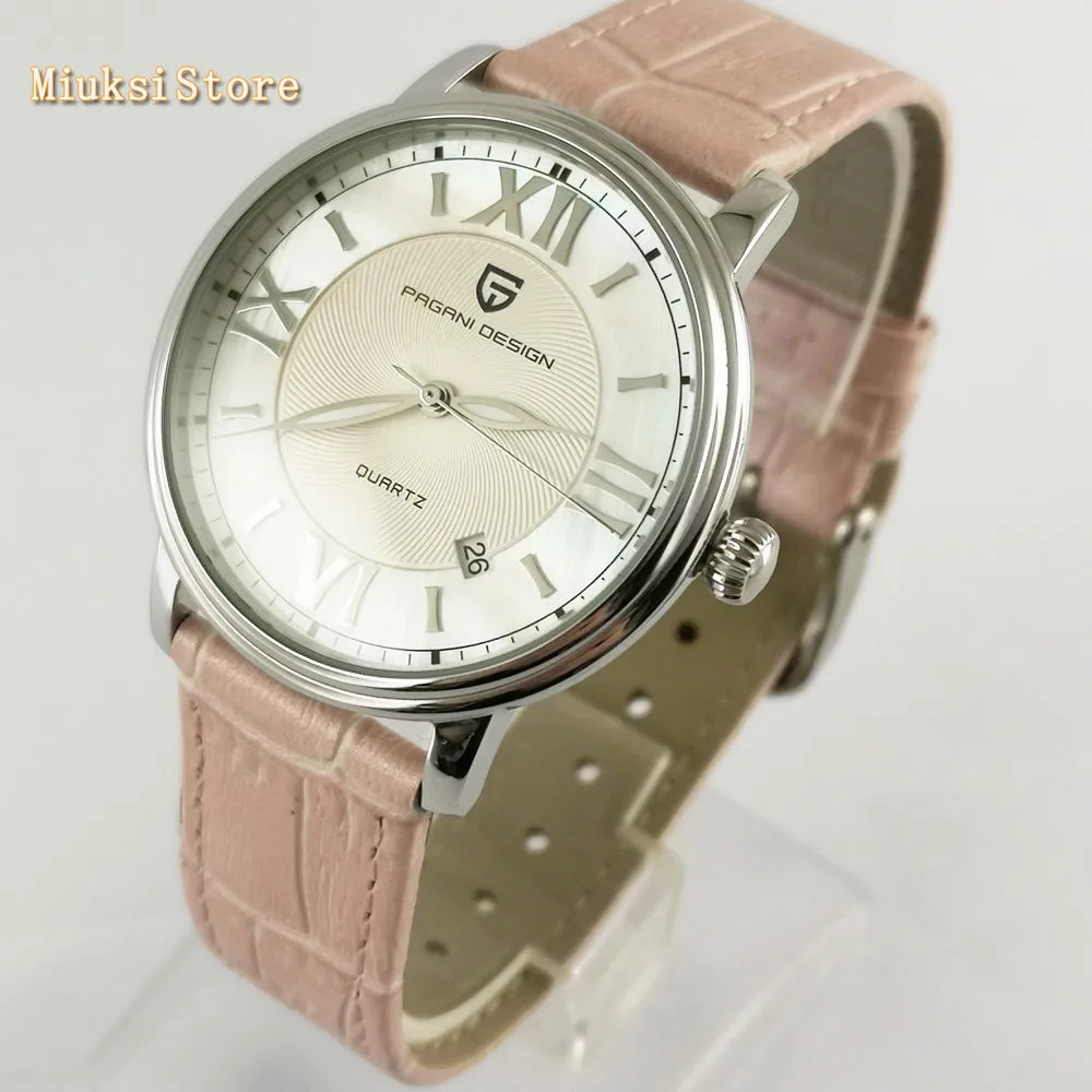 

PAGANI DESIGN 35.9mm Fashion Casual Women Quartz Watch Automatic Date Pink Elegant Case Leather Waterproof Lady Watch