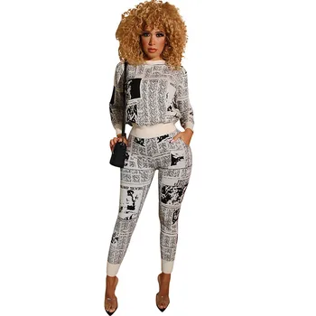 

Newspaper Letter Print Two Piece Set Tracksuit for Women Long Sleeve Sweatshirt Top and Pencil Pants Casual Women's Sports Suit