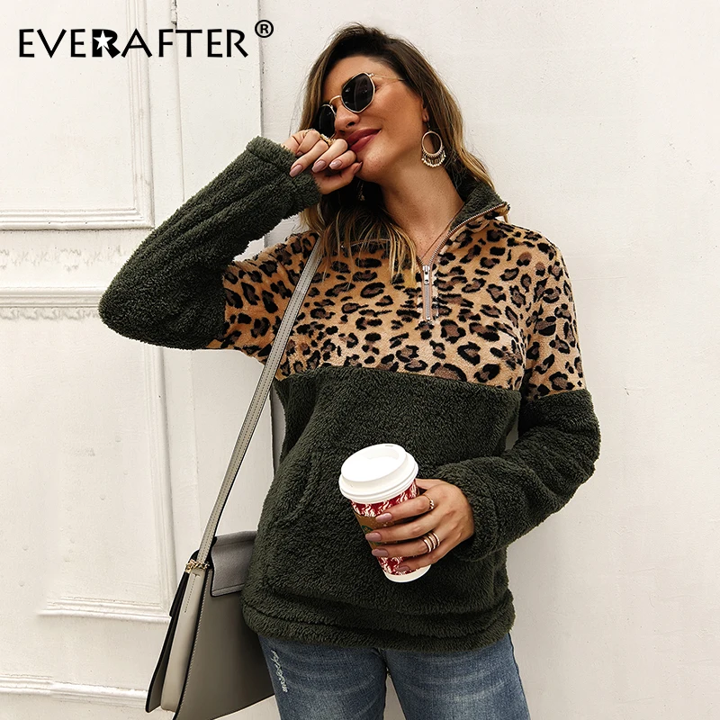 

EVERAFTER Teddy Lazy Hoodie Women Leopard Printed Zippers Pockets 2019 Autumn Warm Fur Sweatshirts Turn-down Collar Lady Hoodies