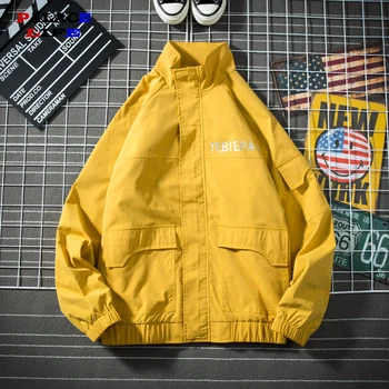 

2020 Hip Hop Jackets Patchwork Zipper Multi Pockets Jacket Men Letters Print Loose Windbreaker Patchwork Streetwear Work Jacket