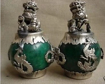 714+++CHINESE PAIR OF Tibet SILVER DRAGON JADE Foo dog STATUE Buddha Garden Decoration 100% real Tibetan Silver Brass | Дом и сад