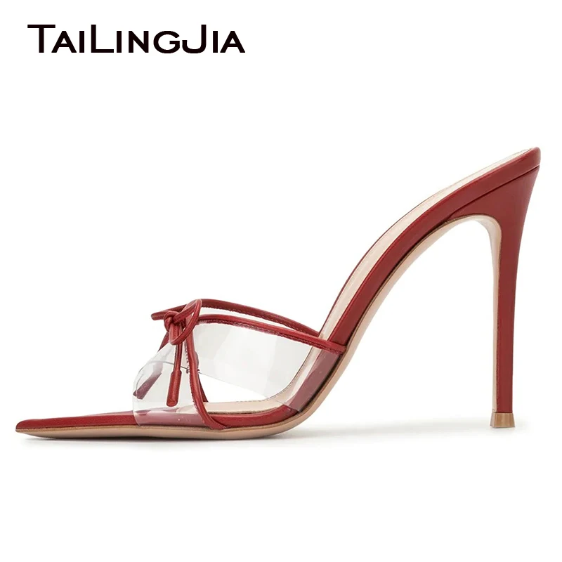 

2020 Pointed toe PVC Mules Sandals for Women Stiletto High Heel Red PU Leather Ladies Clear Shoes Lace up Large Size Party Shoe