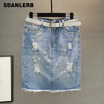 

Package Hip Skirt Women's 2020 Summer Wear New Slim Fit High Waist Diamond Set Holes Denim Skirt Fashion Blue Jean Skirts Femme