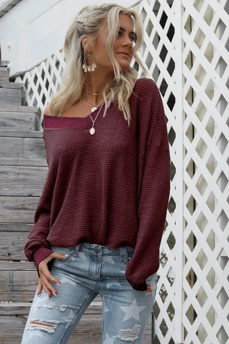 Women Long Sleeve Waffle Knit Tops Off Shoulder Pullover Sweater Top 7