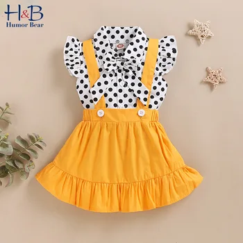 

Humor Bear Girls Set New Summer Fly Sleeve Polka Dot Tops Suspender Skirt Outfits College Style 2Pcs Children Clothes