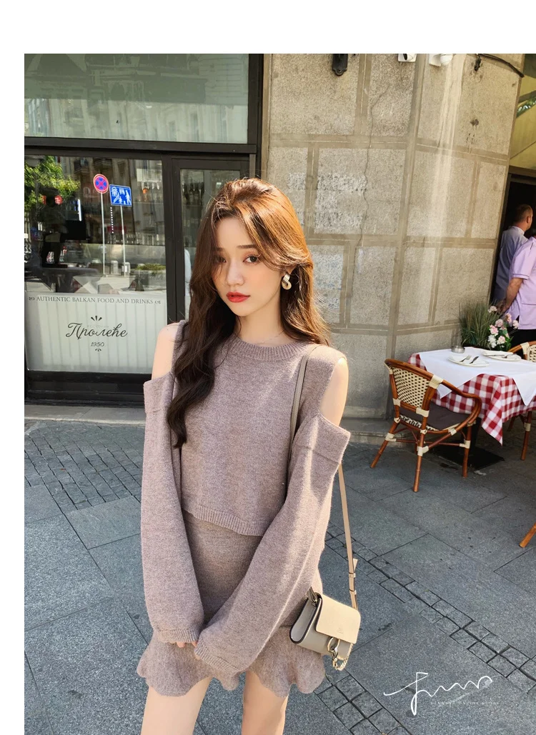 Autumn Elegant Ladies Women Fashion Loose Sexy Hollow Out Off Shoulder Pullovers Sweater+Mini mermaid Skirt Suits