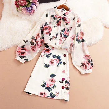 

Women Summer Gorgeous Rose Printed Two Piece Set Sweet Long Sleeve Chiffon Shirt Top + Colorful Button Skirt Set Ensemble Femme