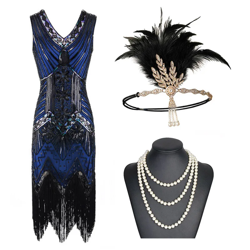 Винтажное платье размера плюс S1920s Gastby с блестками и сеткой в стиле модерн, украшенное бахромой, черный/зеленый/белый/золотой - Цвет: Black Blue Set