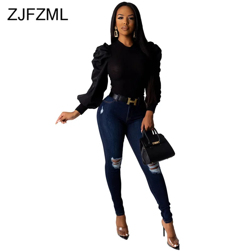 Autumn Winter Knitted Basic Slim Fit Tops Women Long Lantern Sleeve Club Party T-Shirt Office Ladies Solid Color Plus Size Tees