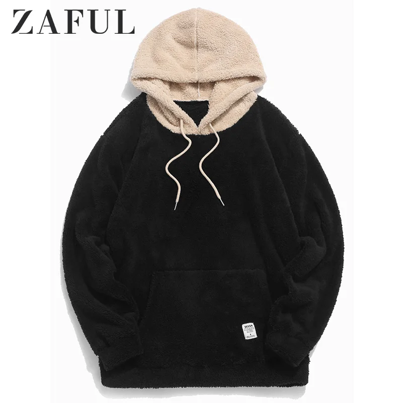  ZAFUL Men'S Hoodies Color-Blocking Splicing Fuzzy Pullovers Men Hoodie Drawstring Sweatshirts Stree