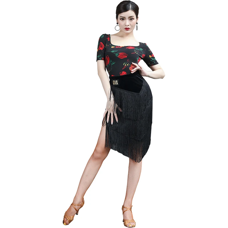 Платье для латинских танцев Женская одежда для латинских танцев Rumba/Tango/Samba/Salsa выступлений черные платья с бахромой DQL2201