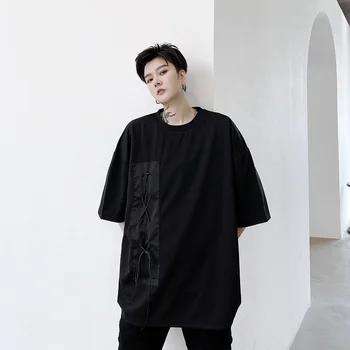 

Male Streetstyle Hip Hop Gothic Loose Tees Shirts Couple T-shirt Men Lace Up Splice Casual Short Sleeve T Shirt