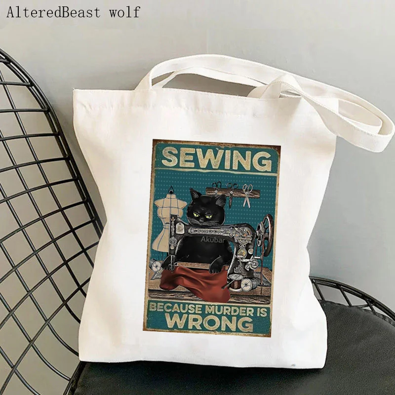 Women Shopper bag Black Cat Red Wine Because Murder Is Wrong Bag Harajuku Shopping Canvas girl handbag Tote Shoulder Lady Bag