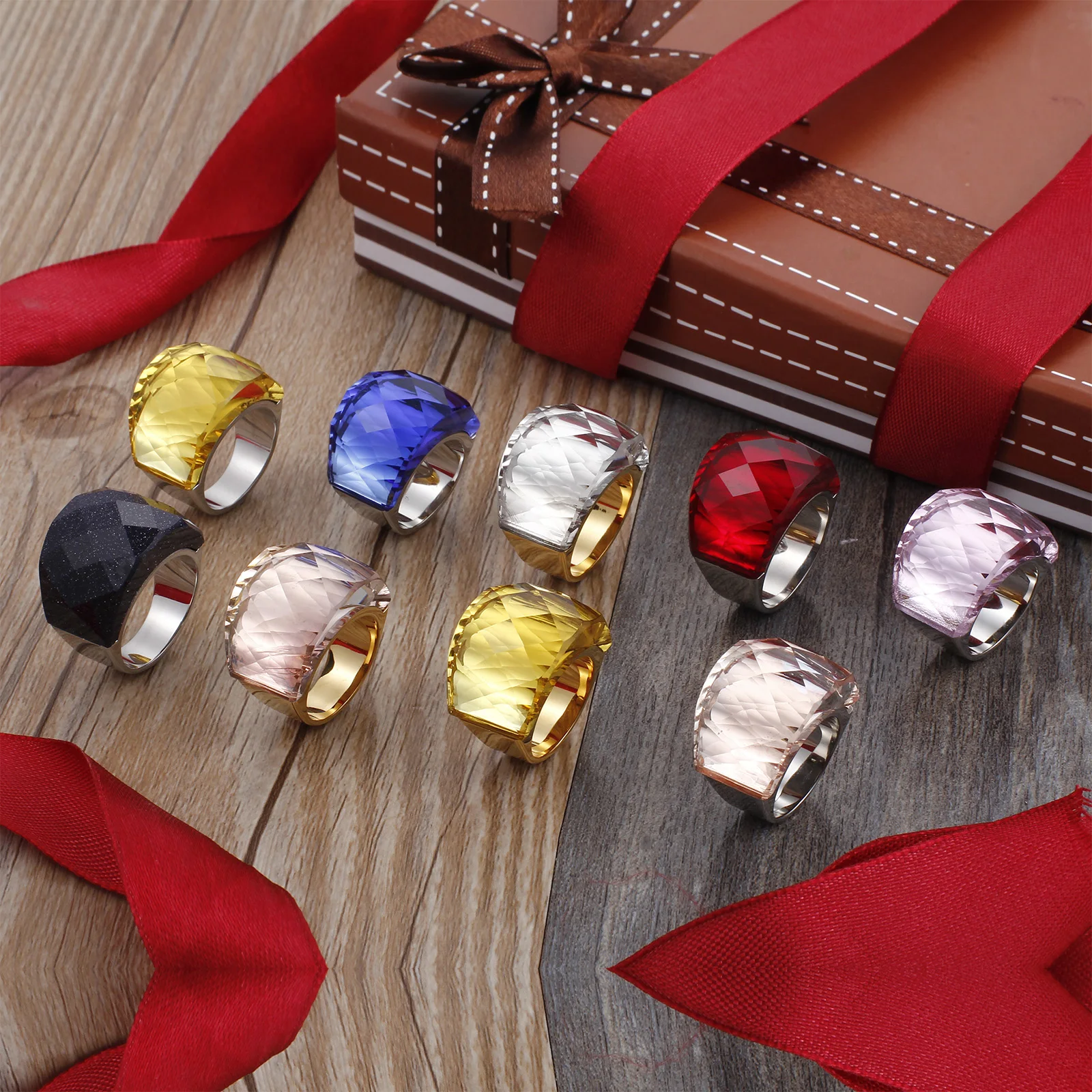 Wedding Rings for Party Engagement Gold Stainless Steel Colorful Stone