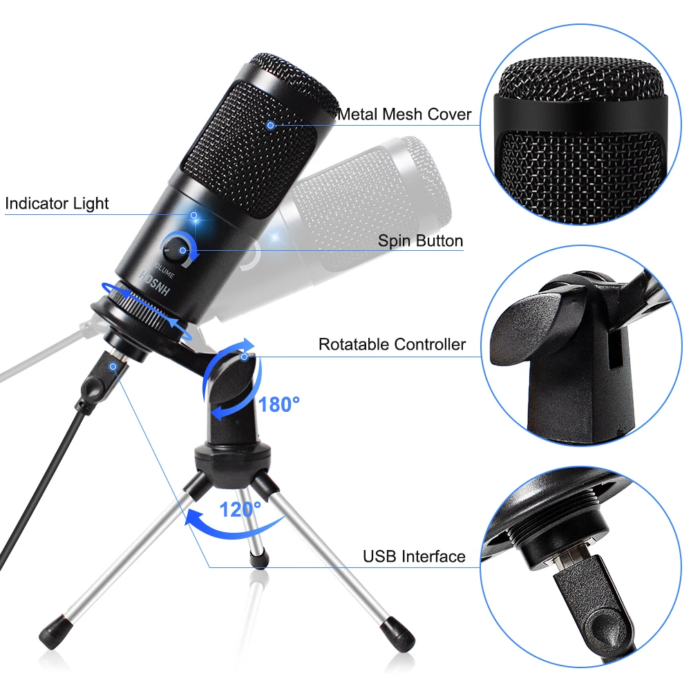 Microfone de Gravação com Suporte e Anel de Luz para pc Podcasting para Youtube Microfone Condensador Karaoke Streaming Usb D80 - Image 4