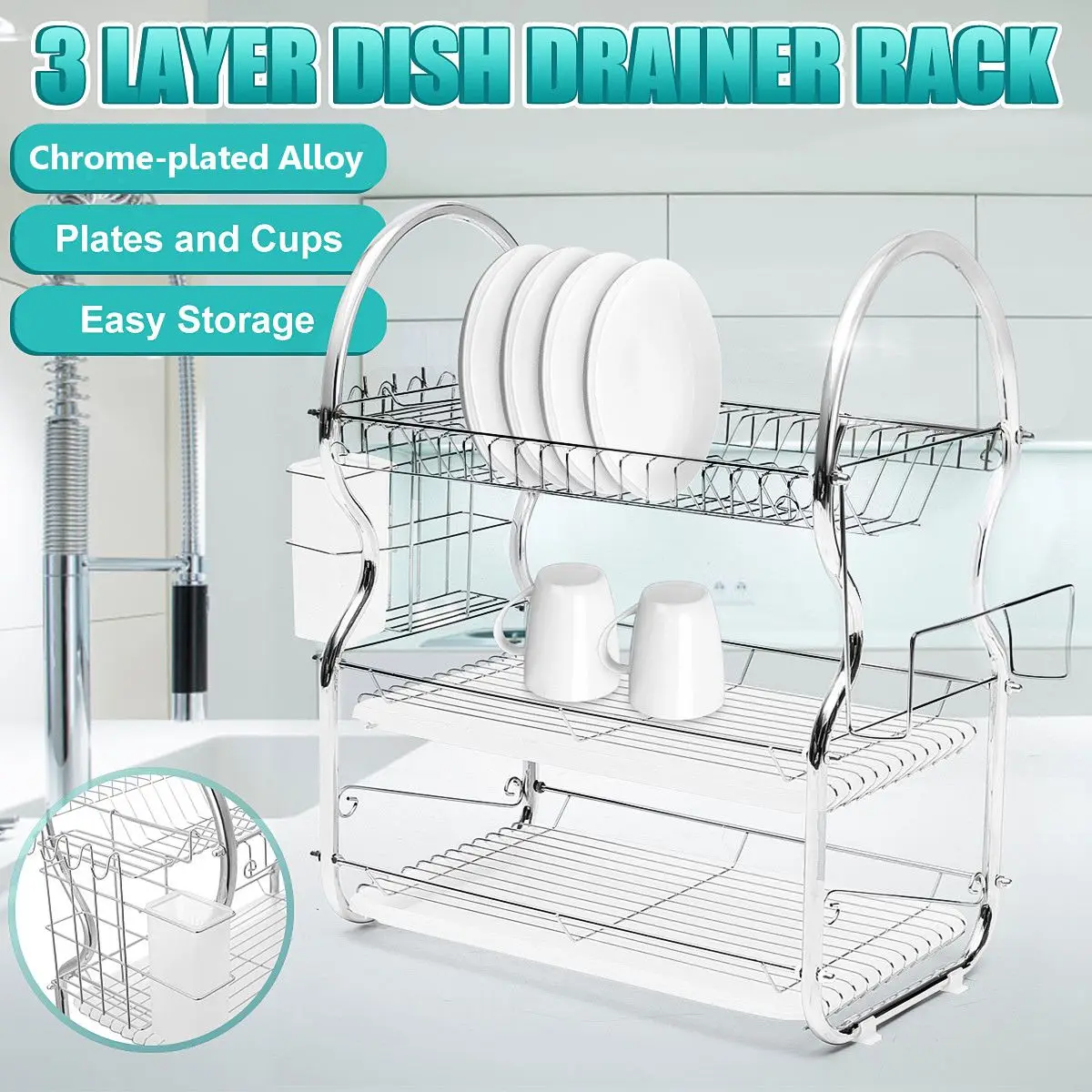 3-Tier Dish Plate Cup Drying Rack Organizer Drainer Alloy Storage Holder Kitchen 