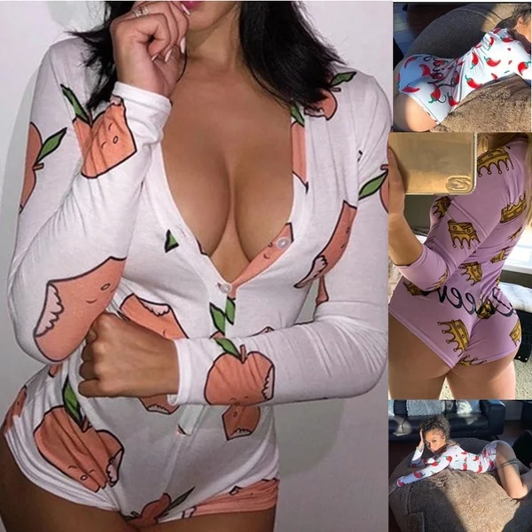 Body Sexy con escote en V profundo para mujer, mono de manga larga, mono elástico, Mono corto con botones, pijama para mujer