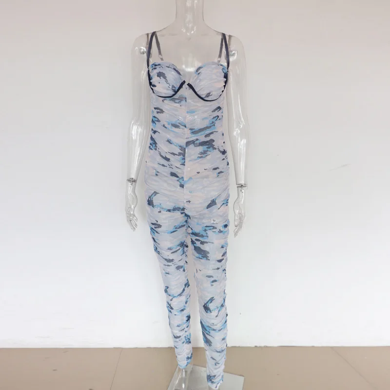 Beyprern Fashion Sleeveless Tie-Dye Printed Sexy Jumpsuit Women Overalls Summer Fashion Mesh Ruched Party Jumpsuit Female Romper Beyprern Fashion Sleeveless Tie-Dye Printed Sexy Jumpsuit Women Overalls Summer Fashion Mesh Ruched Party Jumpsuit Female Romper
