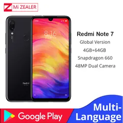 Мобильный телефон Xiaomi Redmi Note 7 с глобальной версией, 4 ГБ, 64 ГБ, Восьмиядерный процессор Snapdragon 660, 4000 мАч, 48MP, 5 Мп, две камеры, полный экран 6,3