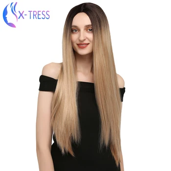 

X-TRESS Synthetic Brown Colored Wigs 28inch Long Straight Machine Made Lolita Wig Heat Resistant Hair For Women Cosplay Wig