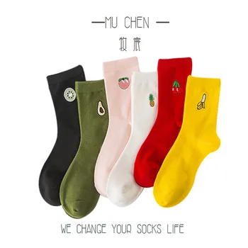 

Fruit socks embroidery all cotton Hot style Print Avocado Banana Cherry Peach Girls Kawaii Socks Meias Women Multicolor Sock