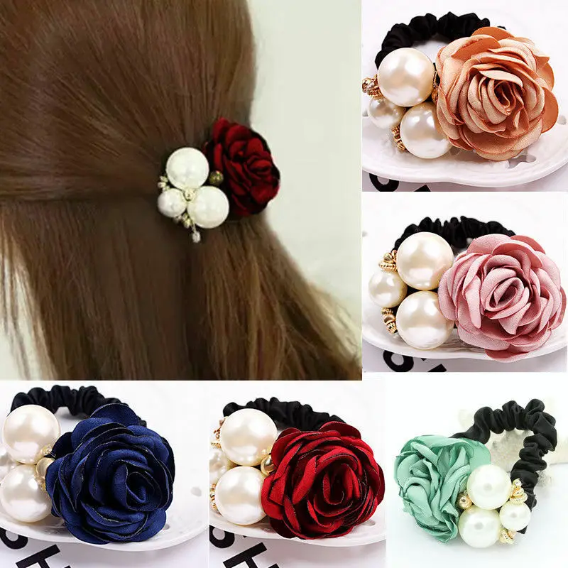 

Women Ribbon Rose Flower Hairband Big Pearl Hair Bands for Girls Elastic Hair Rope Ties Ponytail Holder Hair Accessories