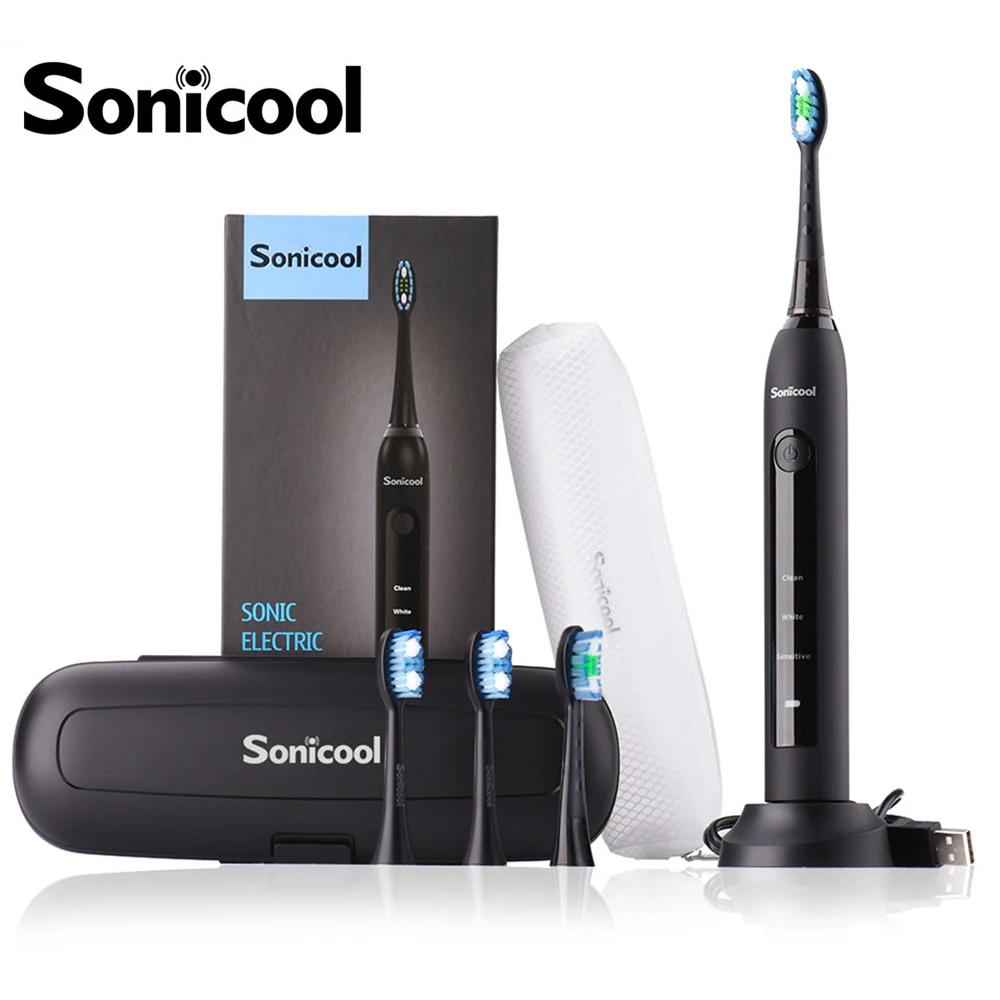 

Sonicool 051B Ultrasonic Sonic Electric Toothbrush USB Rechargeable Tooth Brushes With 4 Pcs DuPont Replacement Heads
