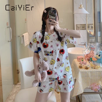 

CAIYIER 2020 Pajamas Set Round Neck Cotton Nightwear Cartoon Mickey Summer Short Sleeve Sleepwear Leisure Girls Sesame Street