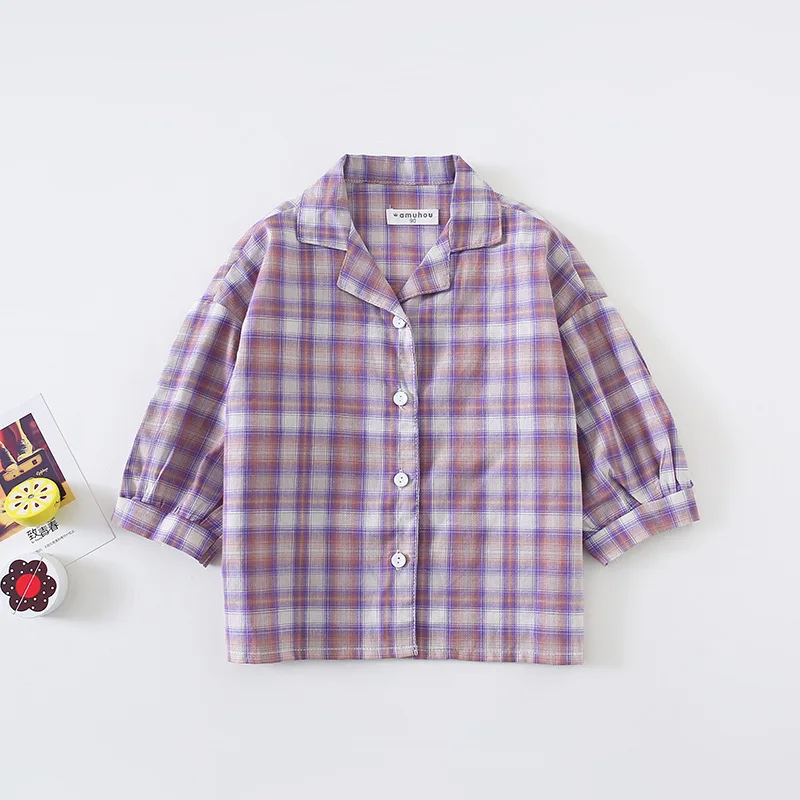 

A mu hou Childrenswear Spring And Autumn New Style GIRL'S Shirt Baby Sweet Small Plaid Loose Version of Long-sleeved Shirt Tops