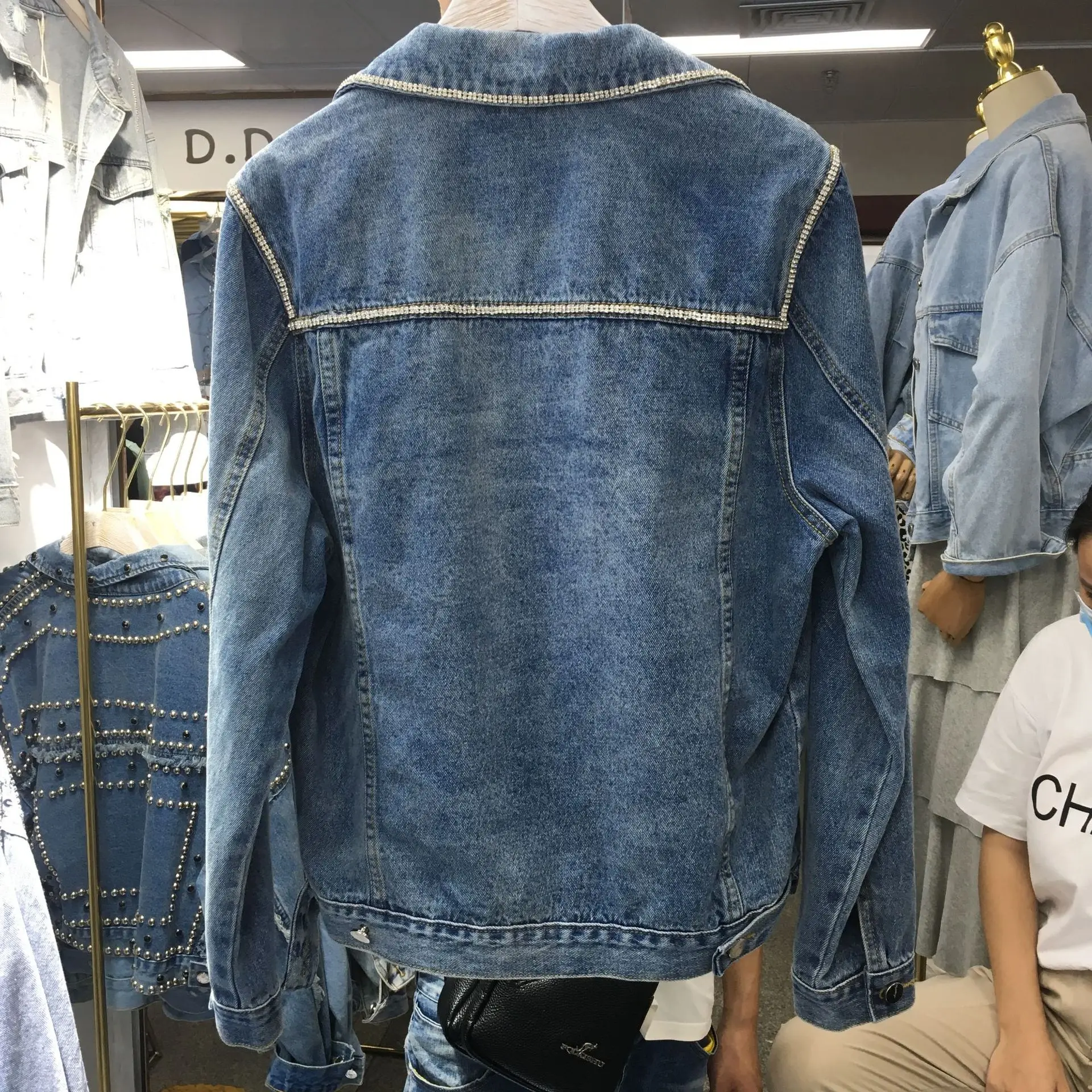 

South Korea Industrial Diamond Set Jeans Coat Women's Loose-Fit Short Spring And Autumn Long Sleeve Cowboy Clothing 2019 New Sty