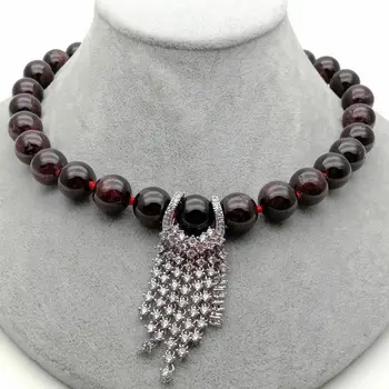 

17'' 14MM Natural Round Smooth Garnet Necklace CZ Pendant