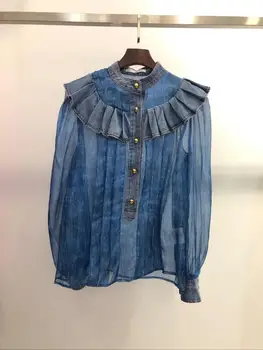 

Ladies Denim Blouses Women Runway Ruffles Long Sleeve Blue Solid Blouses 2020 Summer New Street Fashion Chic Blouses