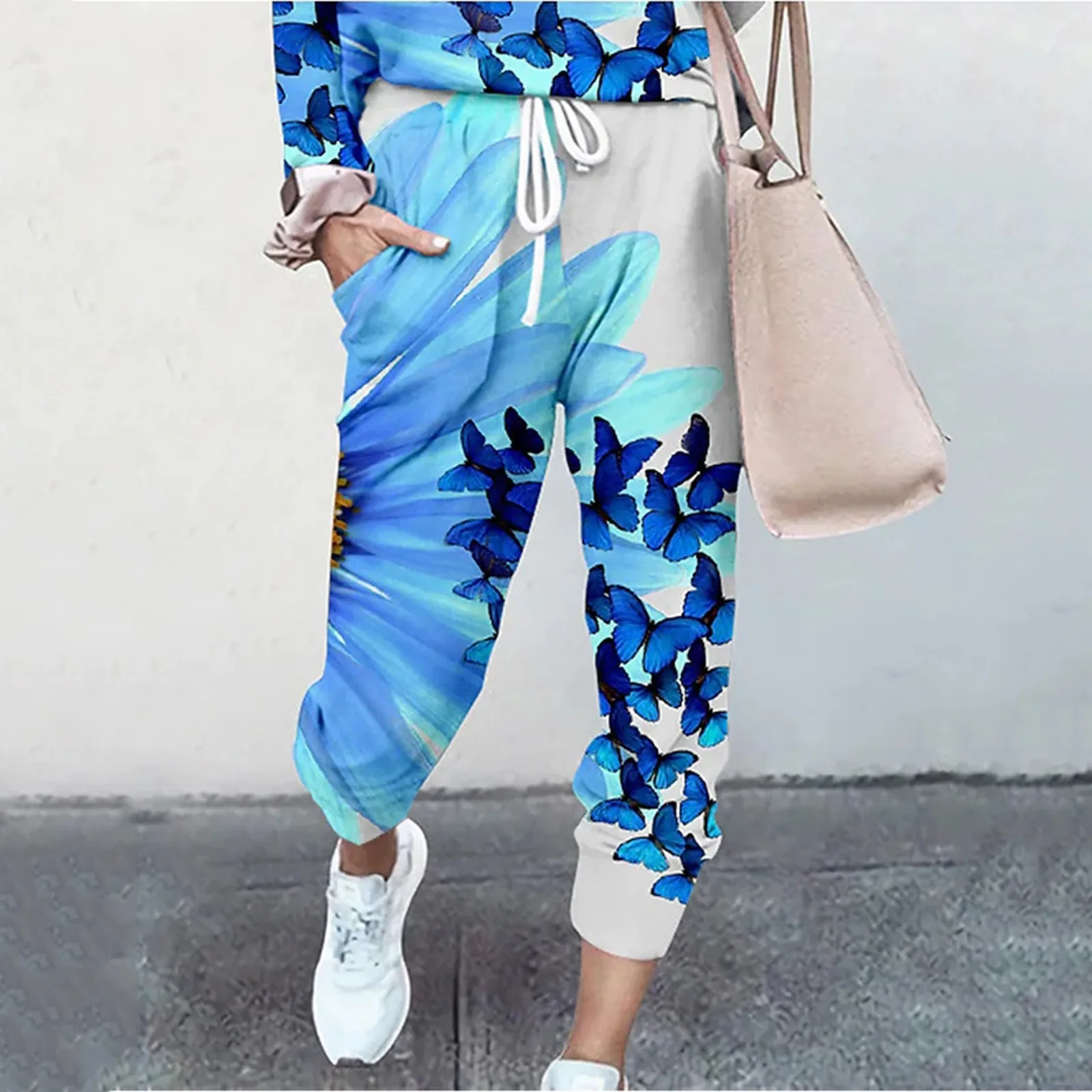Women Fashion Print Sweatpants Female Loose Fitting Drawstring Trousers Casual Elasticated Trousers Ladies Baggy Joggers Capris 1