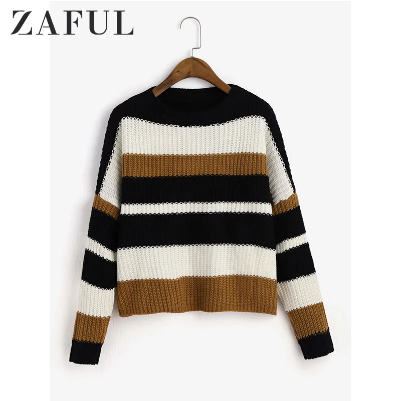 ZAFUL, женский свитер в цветную полоску с вырезом лодочкой и спущенными плечами, свитер с вырезом лодочкой, короткие пуловеры в стиле пэчворк, женские топы на осень