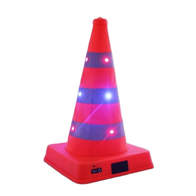 70CM Flashing Warning LED Safety Road Cone Foldable Roadblock Rechargeable Telescopic Ice Cream Shape Reflective Traffic Cone
