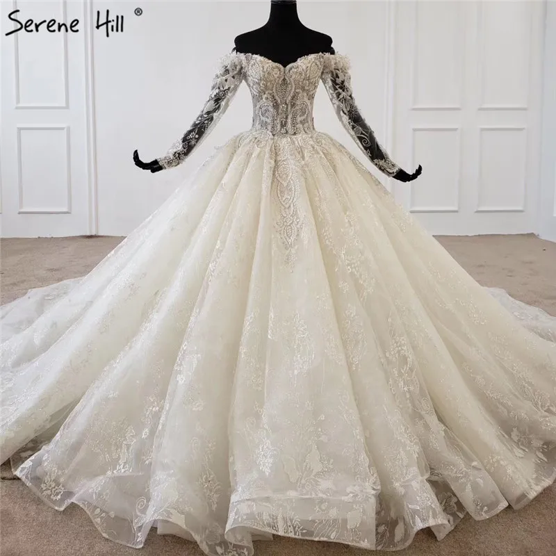 White Off Shoulder Big Train Wedding Dresses 2020 Crystal Sequins ...